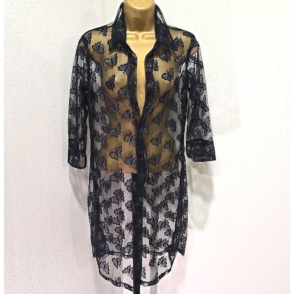 Aqua Blues Butterfly Sheer Shirt Dress Tunic Black Sm Cottage Goth Fairy Whimsy